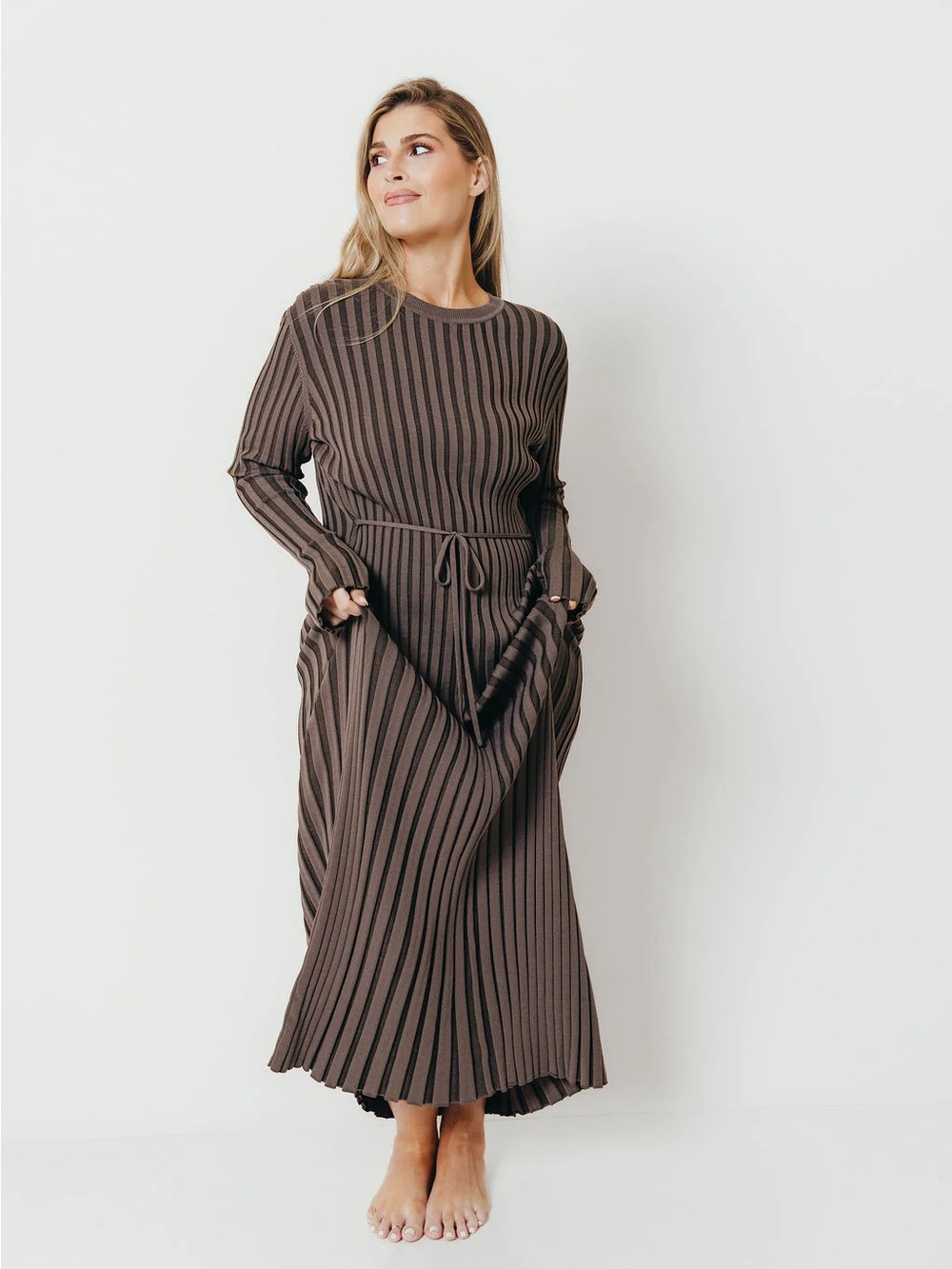 Collette Premium Long Sleeved Ribbed Knit Maxi Dress in Slate Bump Friendly